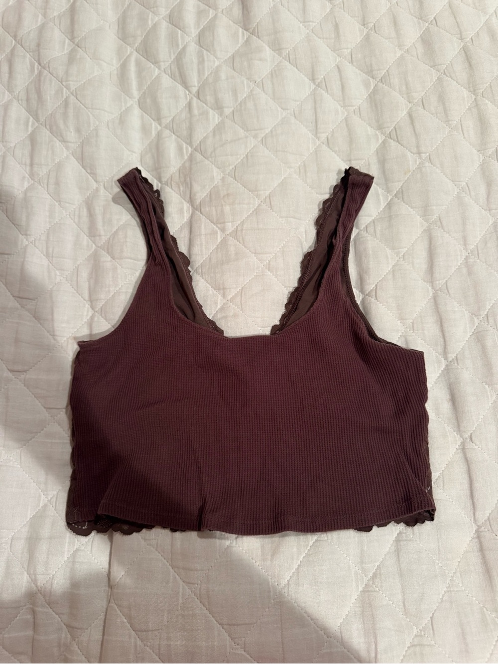 aerie Lace-Trim Ribbed Cropped Tank Top/Bralette - Plum Brown